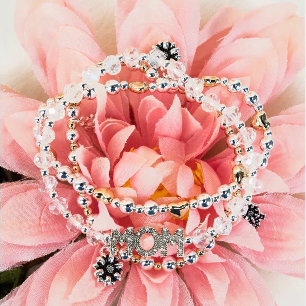 TWO-TONE 'MOM' FLOWER CHARM STRETCH BRACELET SET